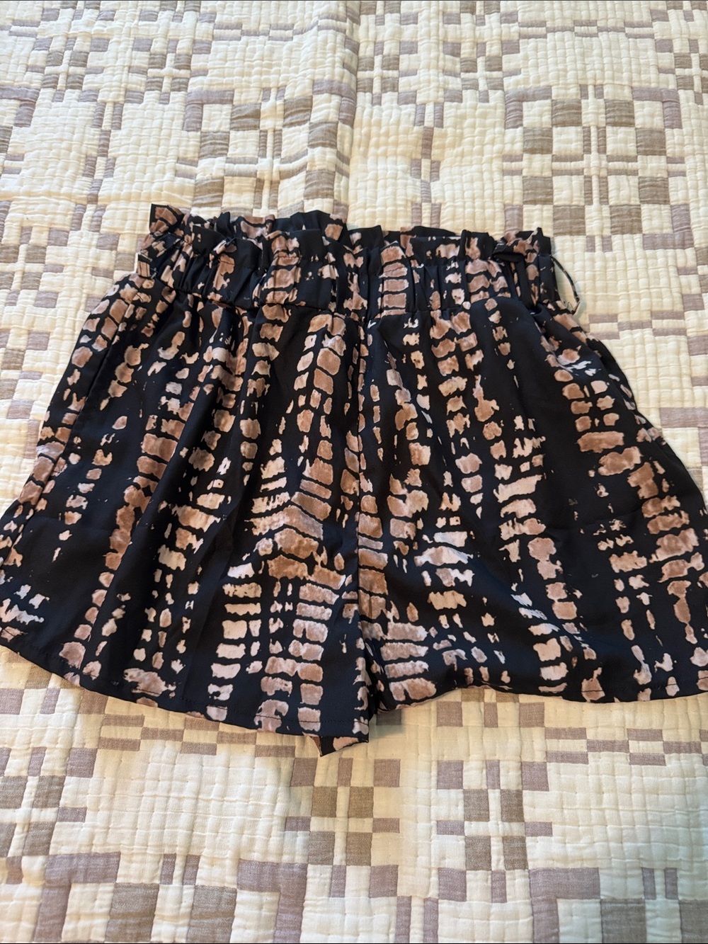 Amazon Black High-Waist Paperbag Shorts with Brown Print